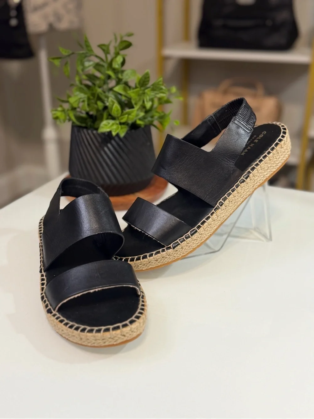 Cole Haan Cloudfeel Tilden Espadrille Sandals Black Leather Size 8